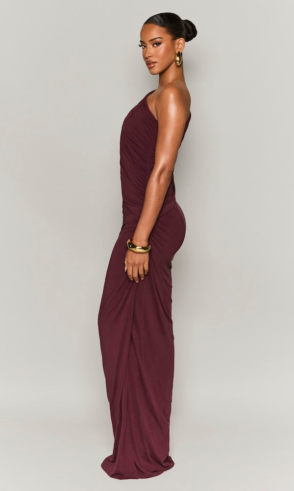 Ombre Ruched One-Shoulder Gown- Dark Plum