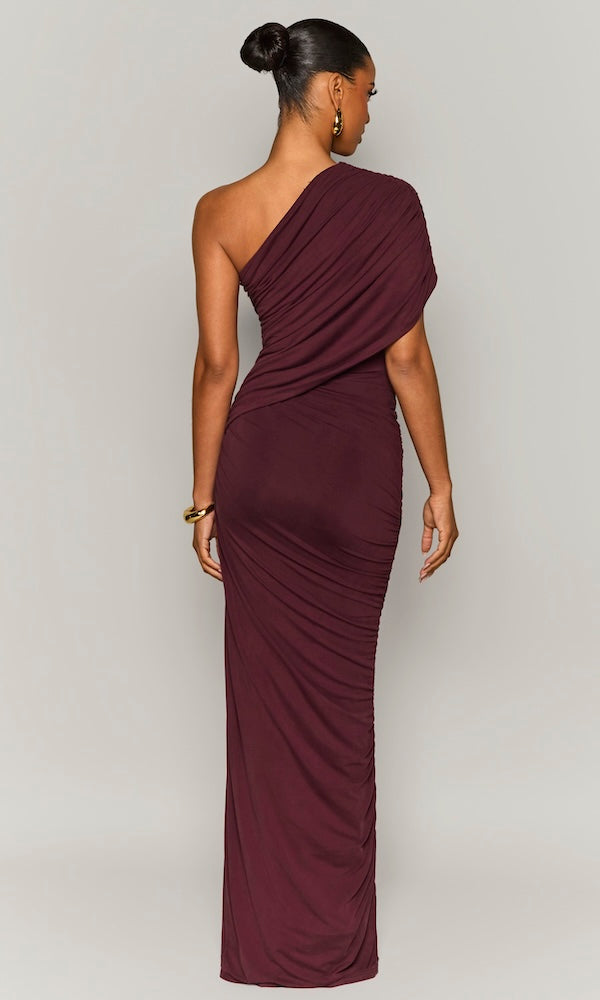 Ombre Ruched One-Shoulder Gown- Dark Plum