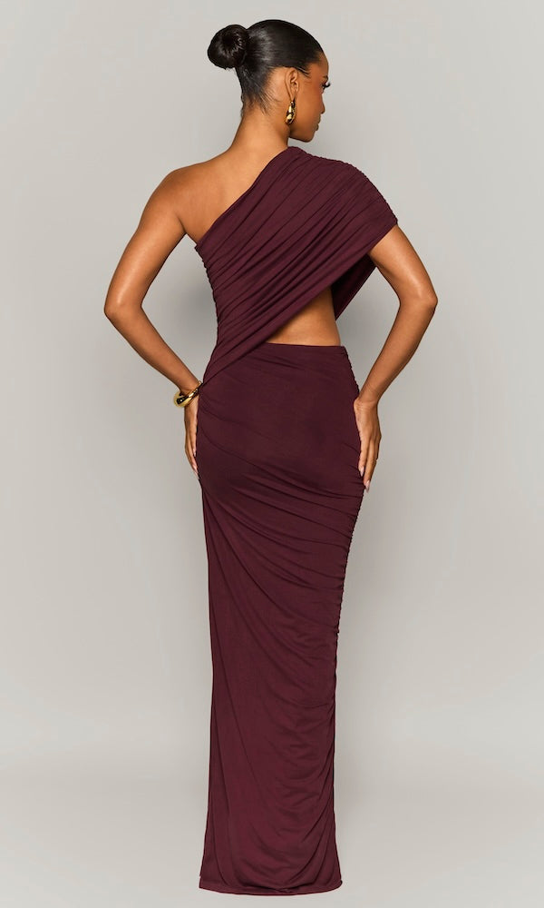 Ombre Ruched One-Shoulder Gown- Dark Plum