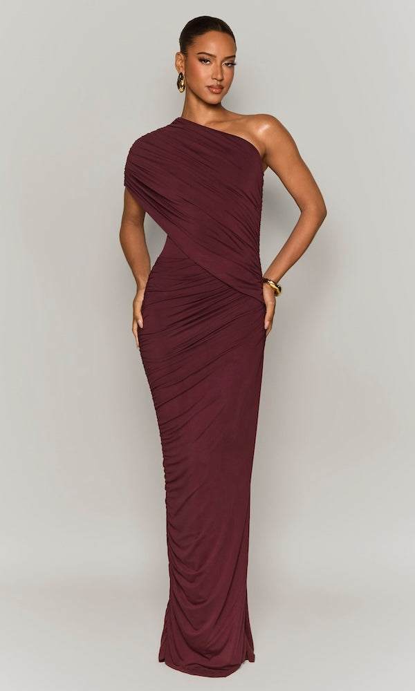 Ombre Ruched One-shoulder Dress- Dark Plum Ombre Ruched One-shoulder Dress- Dark Plum