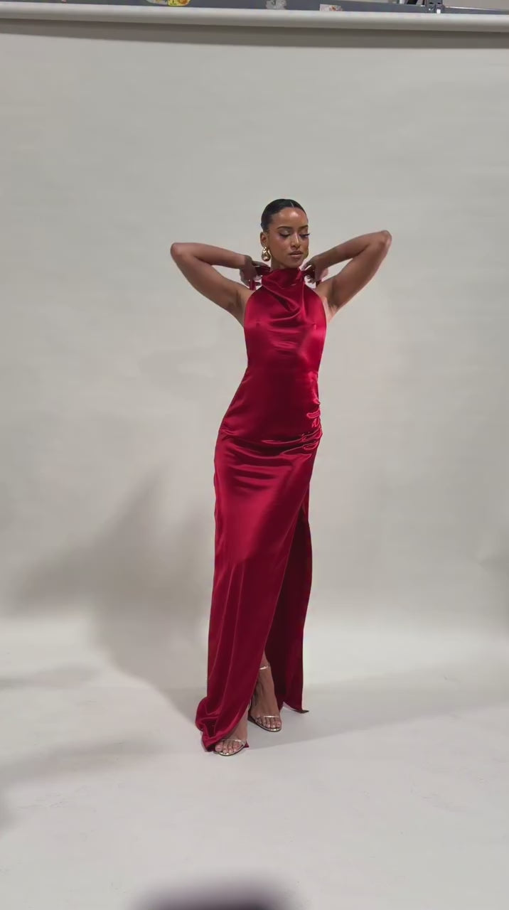 Muse Cowl Neck Open Back Gown- Red