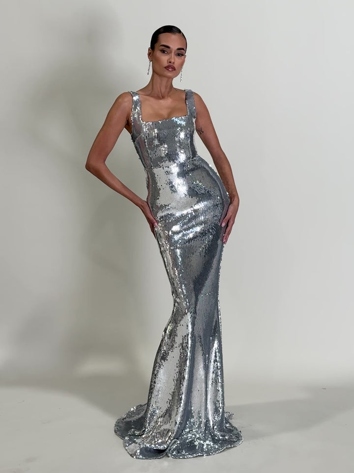 Sitara Square Neck Sequin Gown- Silver