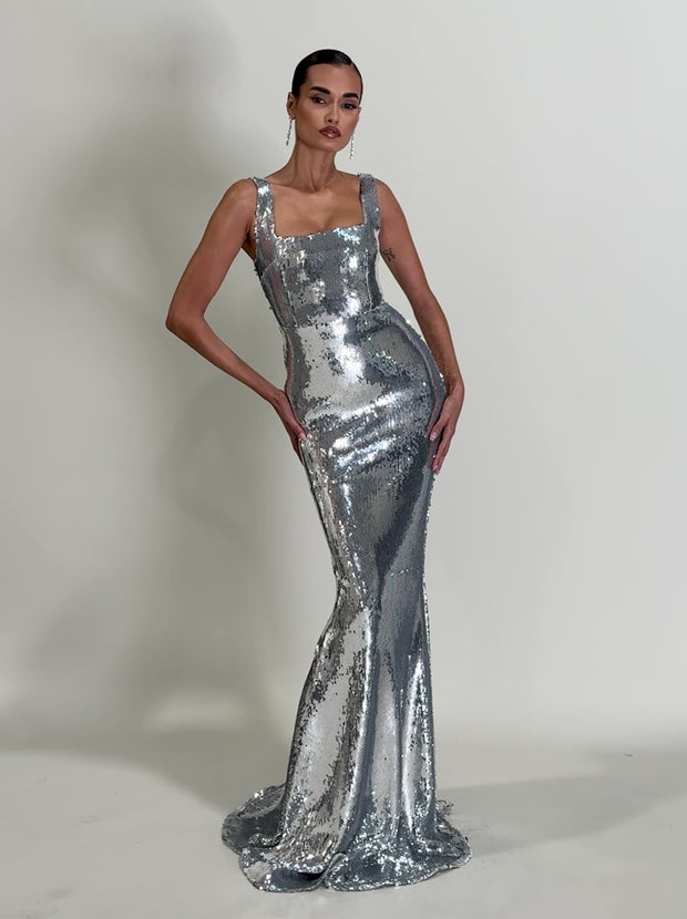 knee length dresses for ladies Sitara Square Neck Sequin Gown- Silver 10