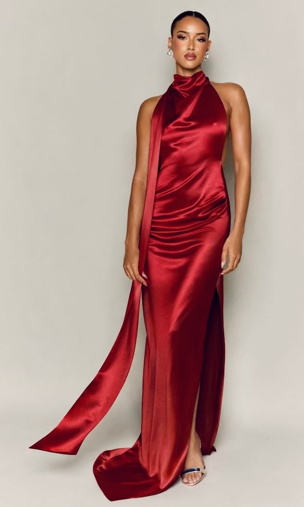 Muse Cowl Neck Backless Gown- Red