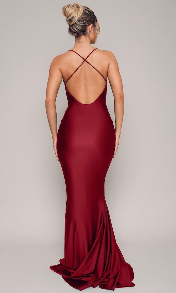 Jersey Draped Neck Gown- Cabernet Red