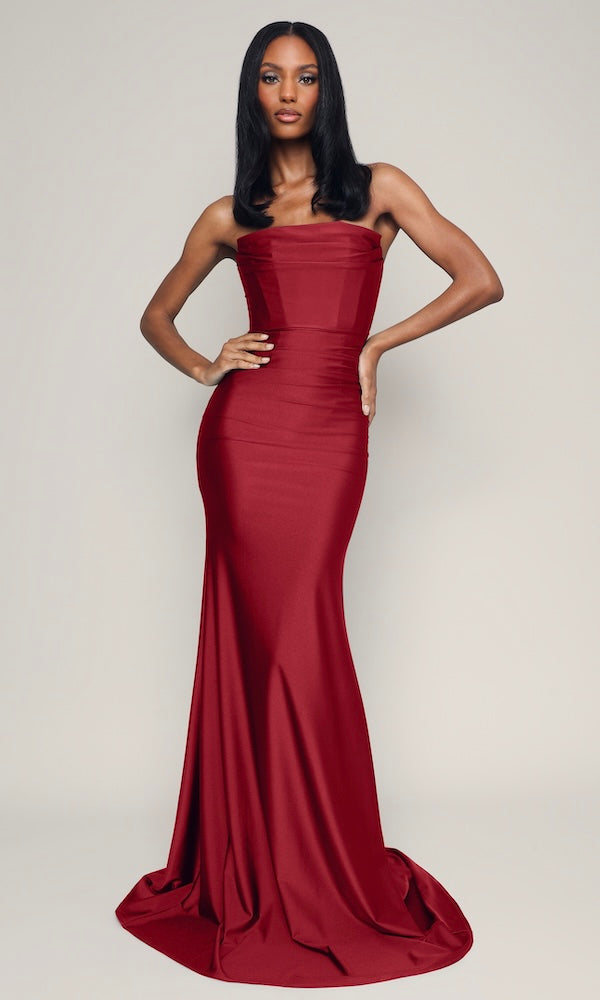 Jersey Strapless Corset Gown- Cabernet Red