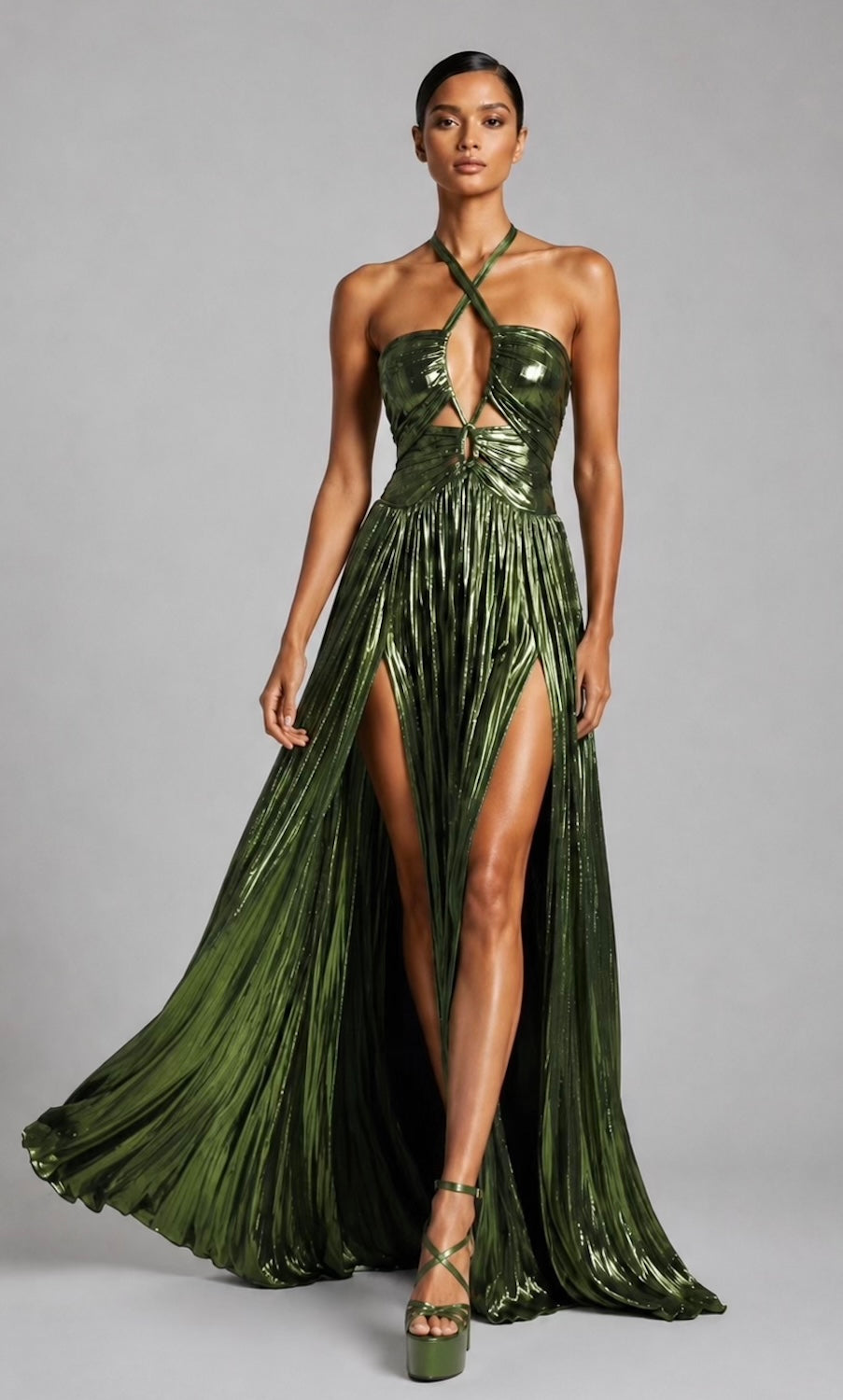 Siren Metallic Cutout Gown- Lime