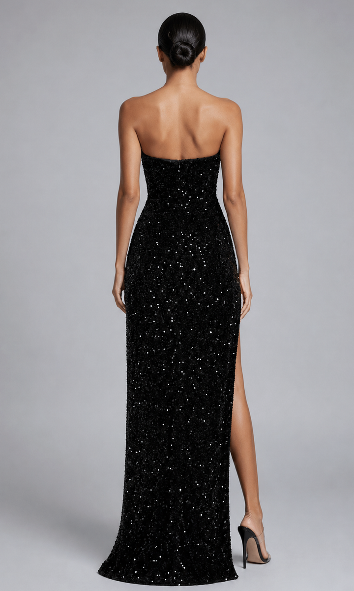 'Dita' Strapless Sequin Embellished Velvet Gown- Black