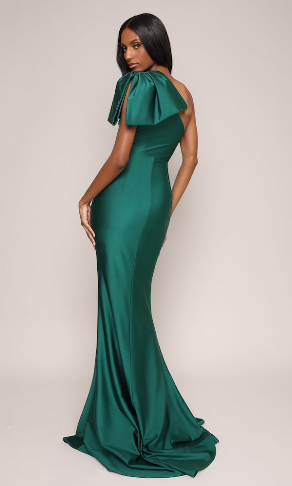 Jersey One-Shoulder Bow Gown- Emerald XS