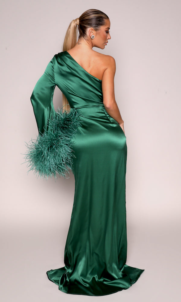Ava Feather Trimmed Silk Gown- Emerald