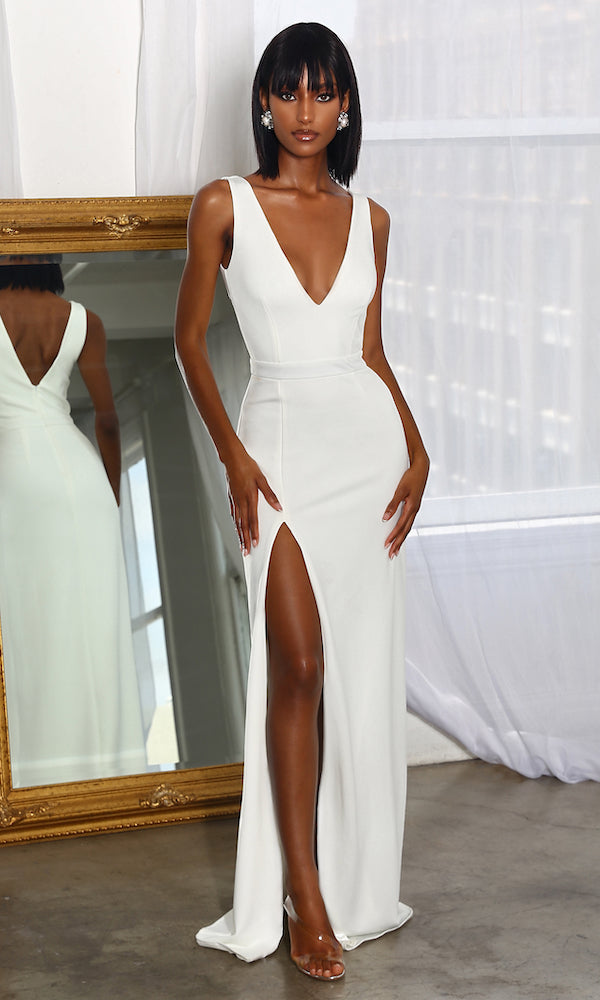 Celine Crepe Deep V-Neck Gown- Ivory