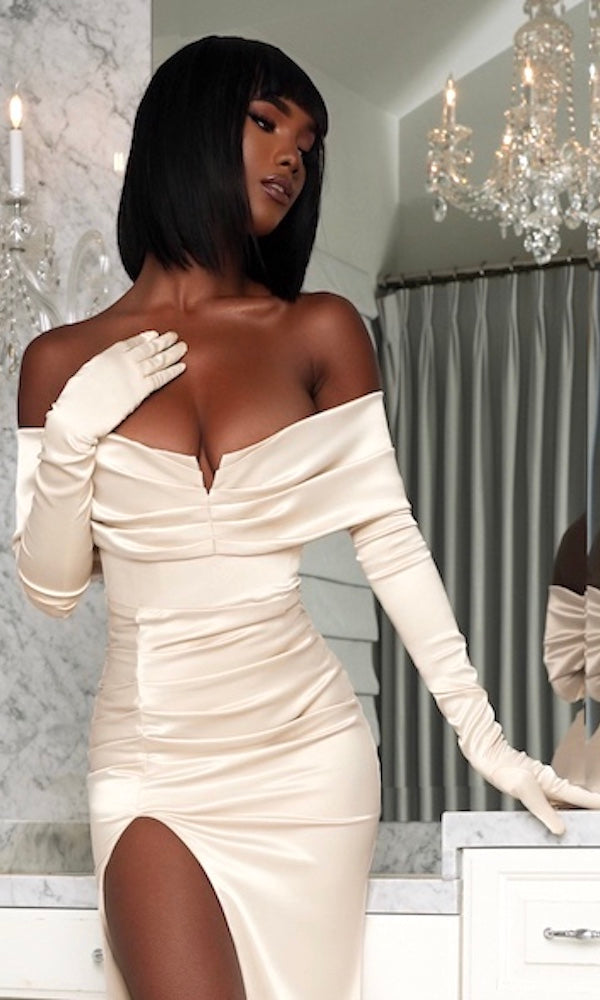 Satin Opera Length Gloves- Champagne