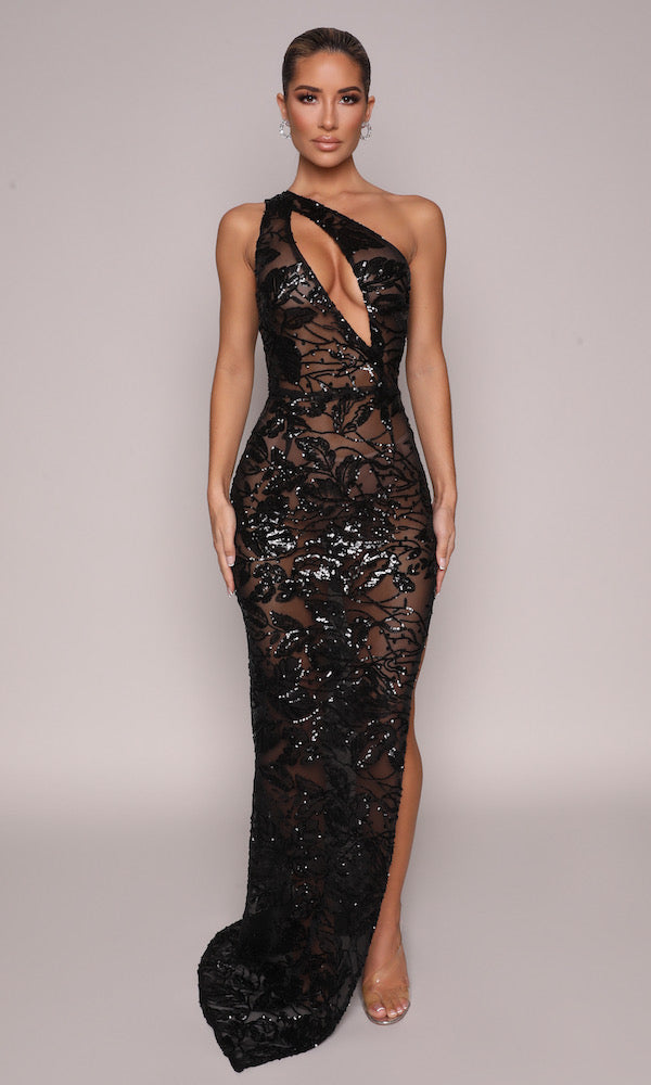 Goddess Cutout Sheer Sequin Gown- Black