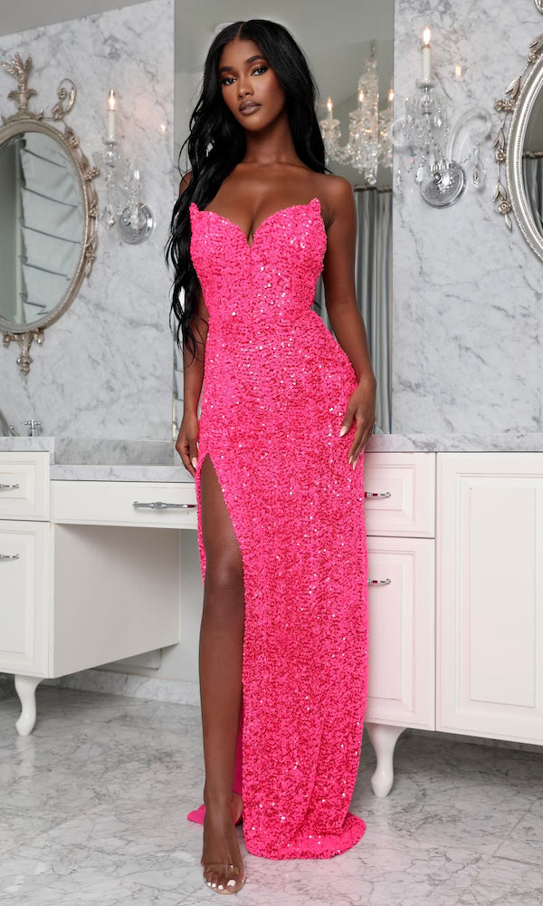 'Dita' Strapless Sequin Embellished Velvet Gown- Hot Pink 6