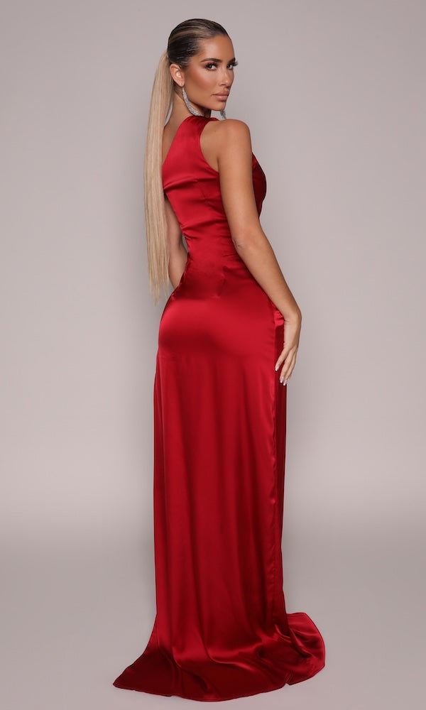 Ivy One-Shoulder Asymmetric Ruched Gown- Deep Red Moda Glam Boutique Ivy One-Shoulder Asymmetric Ruched Gown- Deep Red Moda Glam Boutique