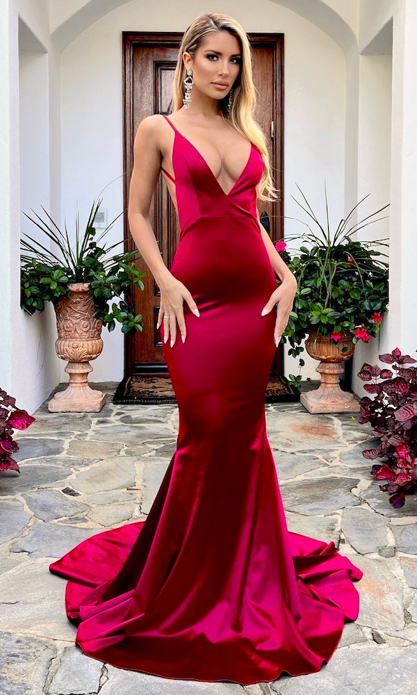 Milan Mermaid Satin Evening Gown-Ruby
