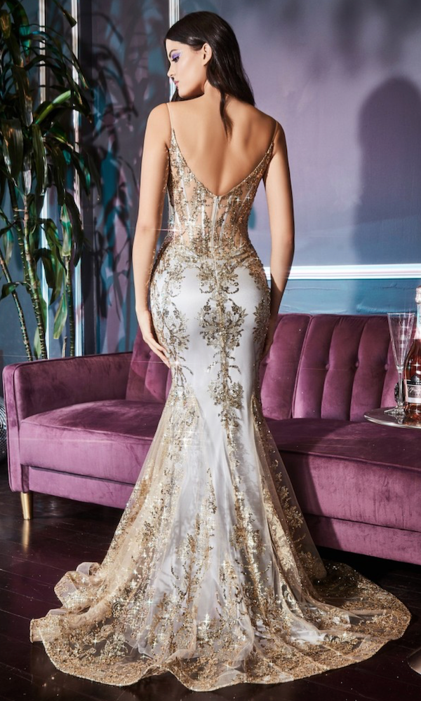 Shimmer Corset Bodice Mermaid Evening Gown- Gold Mist