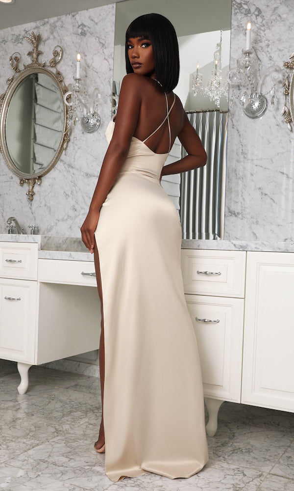 Jasmine V-Neck Satin Slip Evening Gown- Champagne