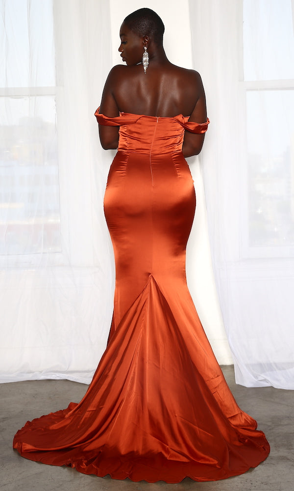 terracotta corset dress Terracotta Strapless Prom Dress with Split