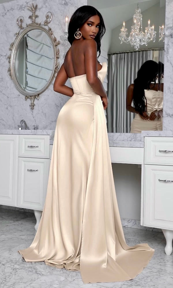 Monroe Strapless Gown w/ Side Sash- Champagne
