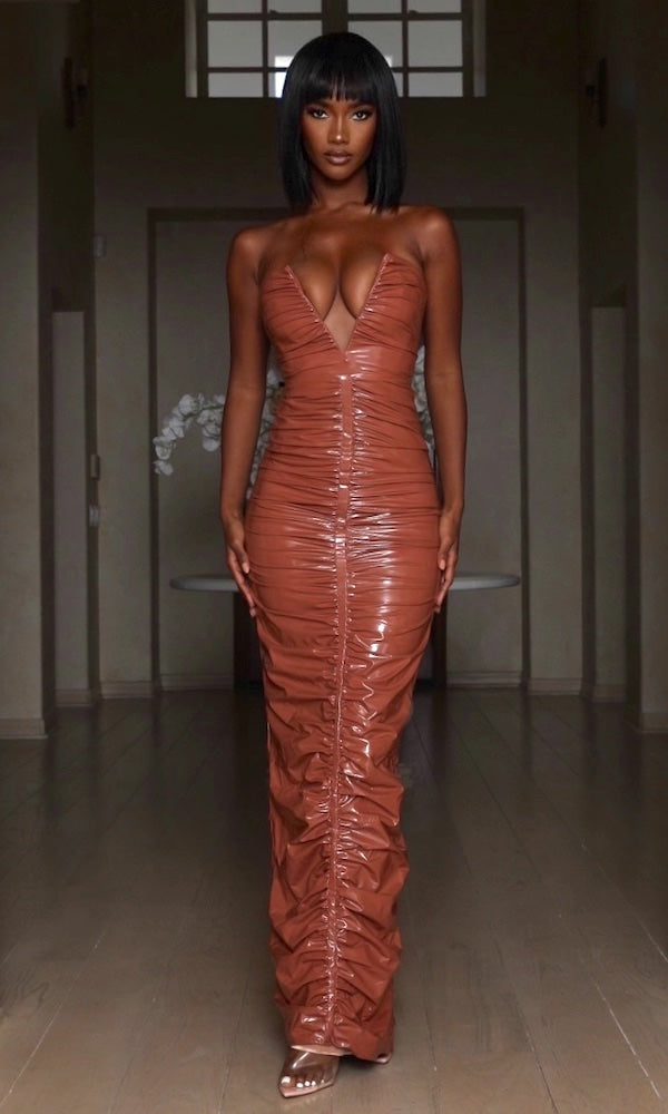 Rendezvous' Ruched Vegan Leather Gown Moda Glam Boutique Rendezvous' Ruched Vegan Leather Gown Moda Glam Boutique