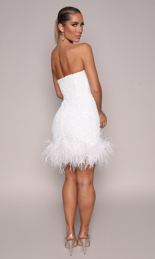 Ziva Strapless Sequin Mini Dress w/ Feather Trim- White – Moda